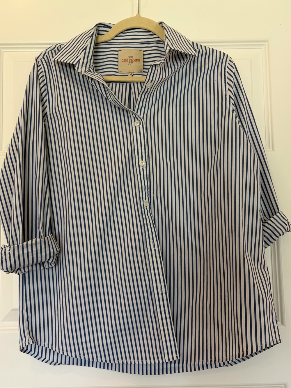 Casa Cabana Women's Blue and White Stripe Cotton Blend Button-Up Shirt
